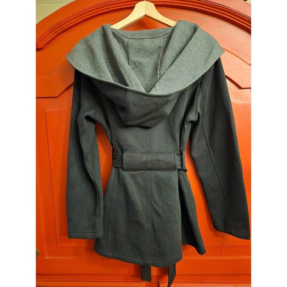 Sebby Large Double Breasted Large Collar Black Grey Short Trech Style Jacket EUC - Picture 2 of 4